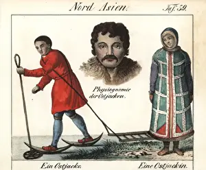 Sled Prints: Khanty or Ostyak man wearing skis, woman with