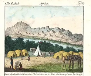 Southafrica Prints: Khoikhoi kraal with huts and wagons at the Orange River