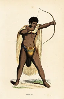 Auguste Wahlen Prints: Khoikhoi man in animal skin cape, beaded loincloth, with bow