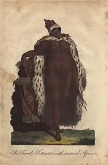Elongated Prints: Khoisan woman in hat, animal skin, necklace