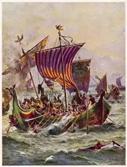 Invaders Prints: King Alfreds galleys in battle with Vikings