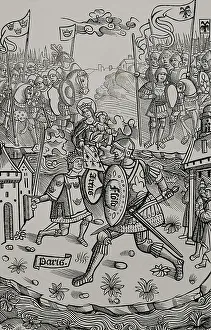 King Arthur fighting the giant, protected by