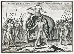 Attended Prints: The King of Cochin riding on an elephant, attended by his Nayros Date: 1752