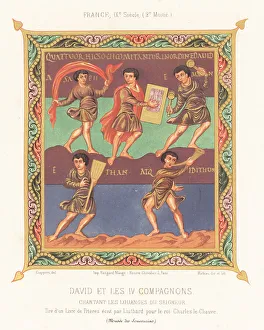 Psalter Prints: King David playing music with four musicians and dancers