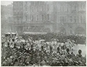 Opens Prints: King Edward VII with Queen Alexandra of Denmark in the Gold State Coach at Parliament Street