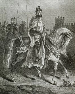 King Ferdinand II (c.1137-1188) on horseback. Engraving