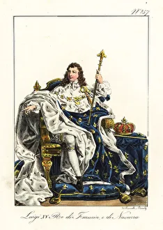 Motif Prints: King Louis XV of France, on his throne with crown and scepter