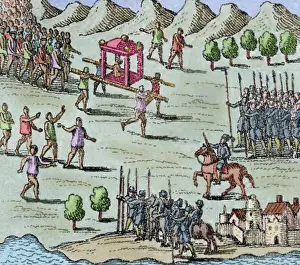 Aztec Prints: The King of Michoacan visit to Hernan Cortes. Colored engrav