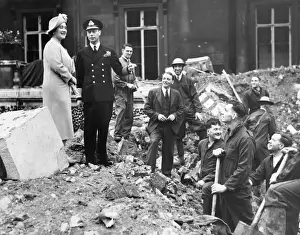 Buckingham Prints: King and Queen inspecting bomb damage at Buckingham Palace