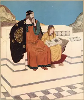 King Wanda sat upon his marble terrace basking in the first warmth of the season. Illustration by Edmund Dulac to The Dreamer of Dreams by Queen Marie of Roumania. Date: 1915