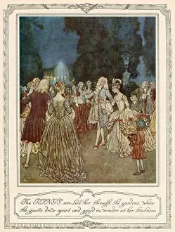The KING'S son led her through the gardens, where the guests drew apart and gazed in wonder at her loveliness. Cinderella captivates everyone at the ball, including the Prince. Scene from Cinderella illustrated by Edmund Dulac