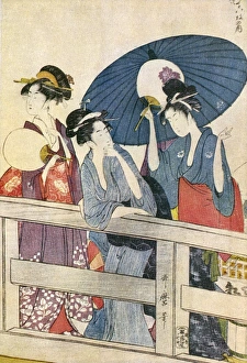 Images Dated 16th November 2015: Kitagawa Utamaro print - Girls on a Bridge