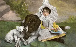 Kitch postcard of a Newfoundland dog and young rider