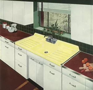 Images Dated 26th August 2020: Kitchen with Yellow Sink Date: 1950