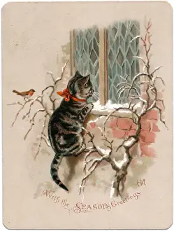 Leaded Prints: Kitten and robin on a Christmas card