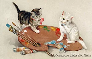 Messy Collection: Two kittens on an artists palette on a greetings postcard