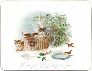 Images Dated 4th December 2015: Two kittens with basket on a Christmas card