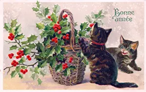 Two kittens with a basket of holly on a New Year postcard