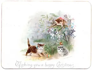 Three kittens on a Christmas card