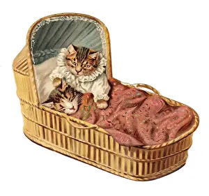 Cradles Prints: Two kittens in a cradle on a cutout greetings card