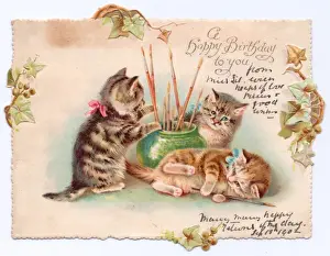 Cutout Prints: Three kittens on a cutout birthday card