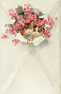 Emerging Prints: Two kittens in an envelope on a greetings postcard