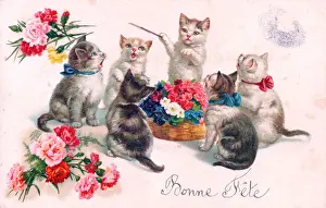 Conducting Prints: Kittens singing on a French birthday postcard