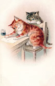 Correspondence Collection: Two kittens at a table on a greetings postcard