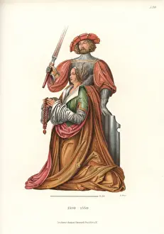 Rosary Prints: Kneeling woman with a knight in armor standing behind her