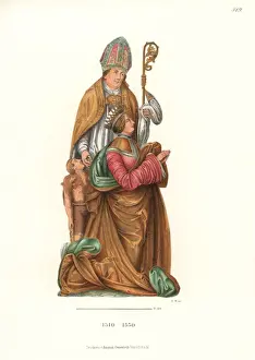 Kneeling woman with her patron saint standing behind her
