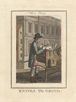 Edward Edwards Prints: Knife-grinder in front of Whitehall, London, 1805