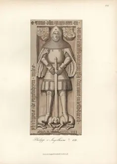 Knight in armor from the 15th century with heraldic shield and helmet