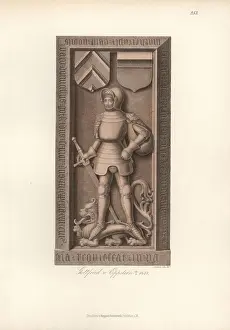 Knight in armor from the 15th century with heraldic shield and helmet