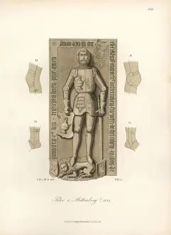 Knight in armour from the 15th century with heraldic shield and helmet