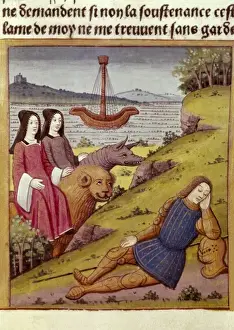 Knight Percival dreams about two women. Illustration