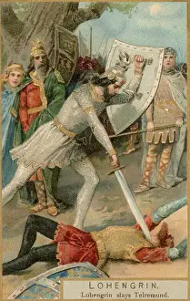 Defeats Prints: The Knight of the Swan (Lohengrin) defeats the wicked Friedrich of Telramund in single combat