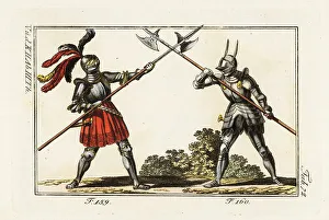 Knights Prints: Two knights in armor fighting a duel with halberds in a tourney