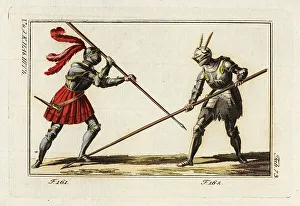Chivalry Prints: Two knights in armor fighting a duel with lances in a tourney