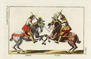 Knights Prints: Two knights in armor on horseback in a medieval tournament