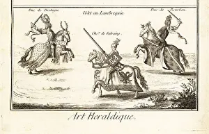 1763 Prints: Knights in armour with helmet, crest and mantling