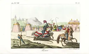 Tourney Prints: Knights in armour on horseback jousting in