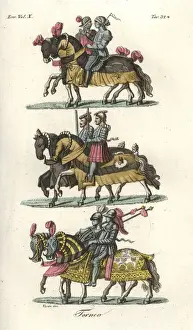 Knights in armour on horseback at a medieval tournament