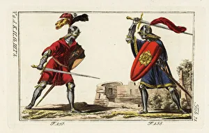 Tourney Prints: Two knights fighting a duel with swords in a tourney