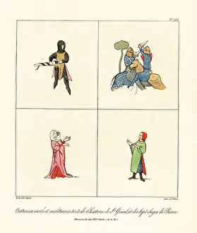 13th Century Prints: Knights in helm, hauberk, tunic, with swrod and shield, and woma
