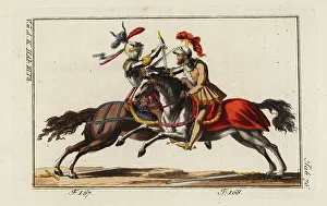 Joust Prints: Two knights on horseback fighting with daggers in a tourney