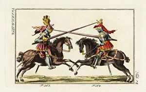 Knights Prints: Two knights on horseback fighting with lances in a tourney
