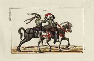 Joust Prints: Two knights in plate armor on horseback fighting a duel