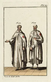 12th Century Prints: Two Knights Templar in house wear or monastery robes