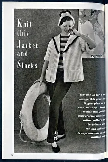 Motif Prints: Knitted jacket and slacks, with a fashionable nautical theme. Date: 1954