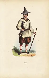 Korean Prints: Korean man in hat, breeches and stockings, holding a stick